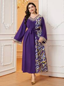 Al Najma Plus Size Printed V-Neck Dress With Tassel Trimmed Flare Sleeves