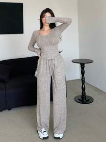 DAZY 女士长袖修身T恤和抽绳长裤套装，秋冬家居服两件套