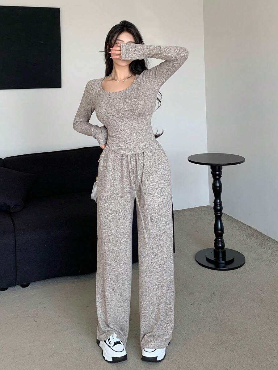 DAZY 女士长袖修身T恤和抽绳长裤套装，秋冬家居服两件套