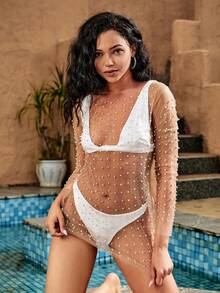 女式重珠串珠透视性感长袖连衣裙