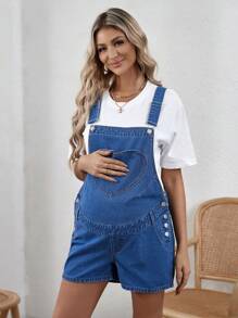 SHEIN 1pc Maternity Adjustable Strap Denim Overalls Shorts With Solid Color - Medium Wash - View 3