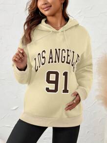 SHEIN 孕妇字母印花落肩抽绳连帽运动衫，适合冬季 - 杏色 - 查看 7