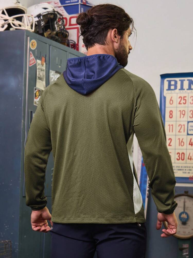 Boyfriend Style Men's Color Blocking Mesh Hooded Sports Jacket Workout Tops Sports Jacket