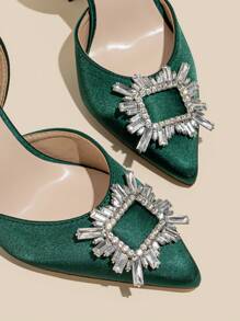 Tacones altos de mujer con puntera puntiaguda, hebilla con rhinestones y correa de tobillo, elegantes y para fiestas - Verde Oscuro - Ver 6