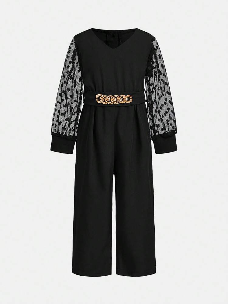 Baby Girl Polka Dot Mesh Sleeve Patchwork Jumpsuit With Front Chain Decoration