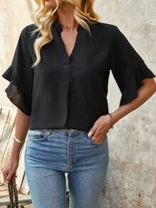 SHEIN Clasi Solid Color Notched Collar Shirt With Ruffle Hem