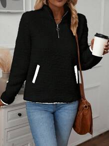 SHEIN LUNE 撞色飾邊毛絨運動衫 - 黑色 - 查看 6