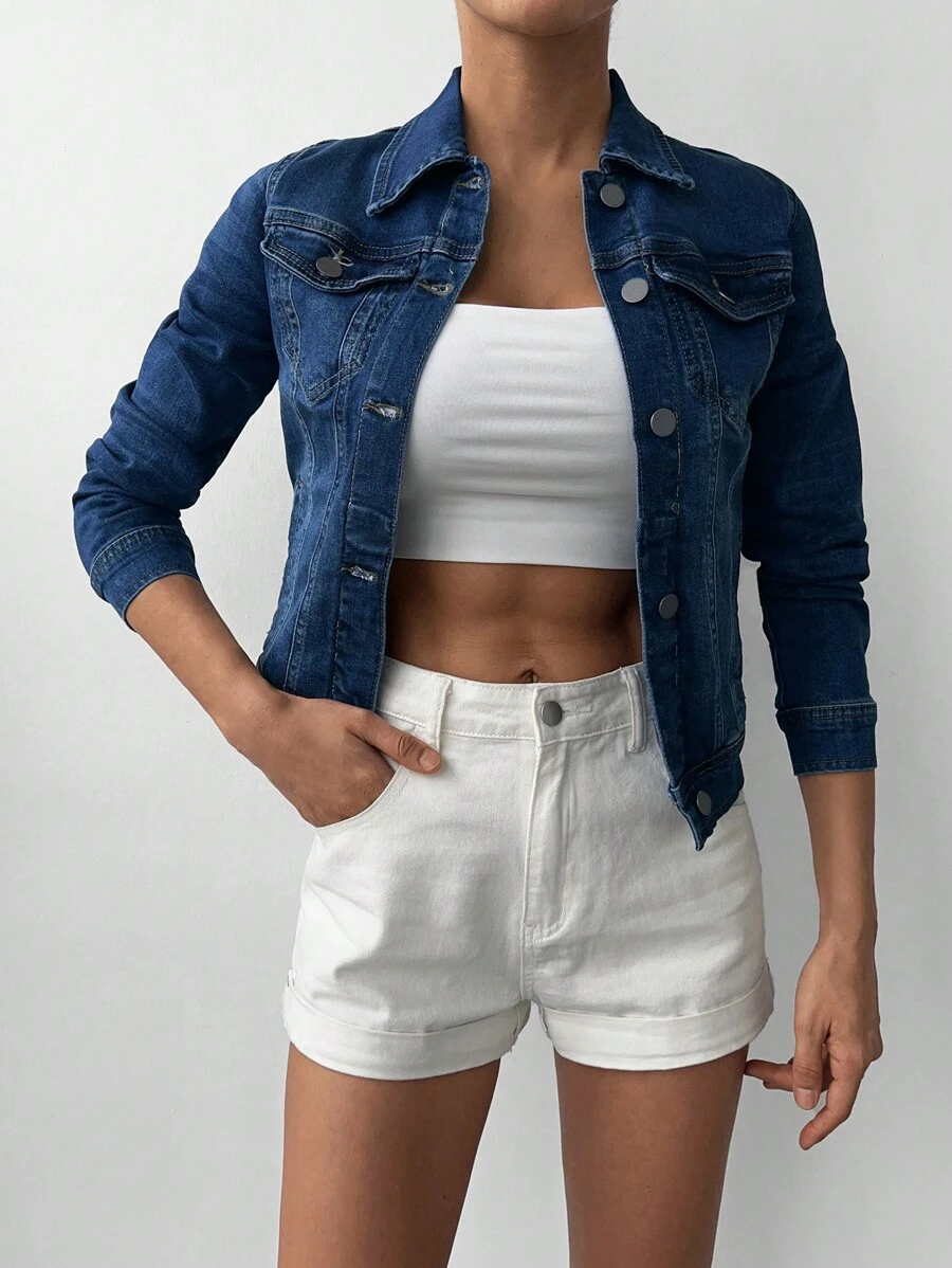 EURMUSE Flap Pocket Button Front Denim Jacket - Dark Wash - View 1