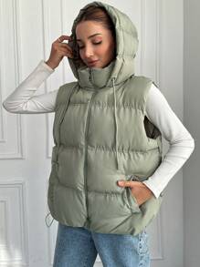 EURMUSE Women's Sleeveless Solid Color Hooded Padded Jacket - Green - View 4