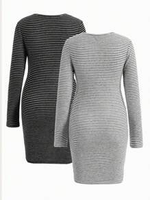 SHEIN Vestido A Rayas Para Lactancia De Manga Larga Para Maternidad - Blanco y Negro - Ver 2