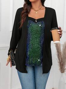 SHEIN Clasi Plus Size Women's Glitter Patchwork 2 In 1 T-Shirt - Multicolor - View 8