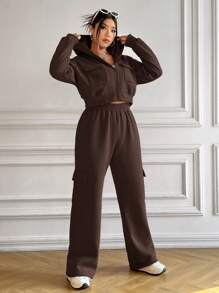 SHEIN EZwear 大尺碼搭配翻蓋連帽運動衫、前拉鍊和運動褲套裝 - 咖啡棕 - 查看 1