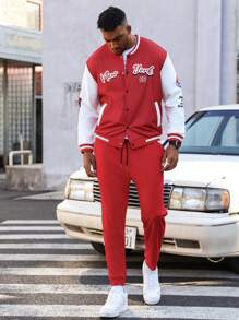 Manfinity Hypemode 2 Piezas/set Traje De Chaqueta De Béisbol Con Estampado De Letras Y Pantalones De Chándal Para Hombres Con Tallas Grandes
