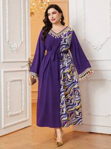 Al Najma Plus Size Printed V-Neck Dress With Tassel Trimmed Flare Sleeves