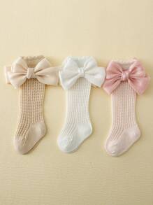 3pairs/Set Kids' Mesh Bowknot Mid-Calf Socks, Suitable For Outing - Multicolor - View 3