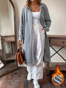 SHEIN LUNE Women's Long Hooded Fleece Sweatshirt With Drawstring - Grey - View 4