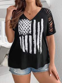 SHEIN LUNE Kích thước lớn Sọc In Sao Xu hướng: Cắt giảm Áo thun - màu đen - Xem 6