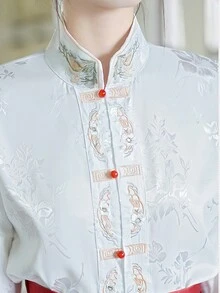 風改良襯衫立領重疊前襟,適合漢服或過年喜慶 - 白色 - 查看 4