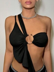 SHEIN ICON Áo thun nữ mùa hè Y2k dáng ôm bất đối xứng có viền bèo nhún bất đối xứng, trang trí kim loại - màu đen - Xem 4