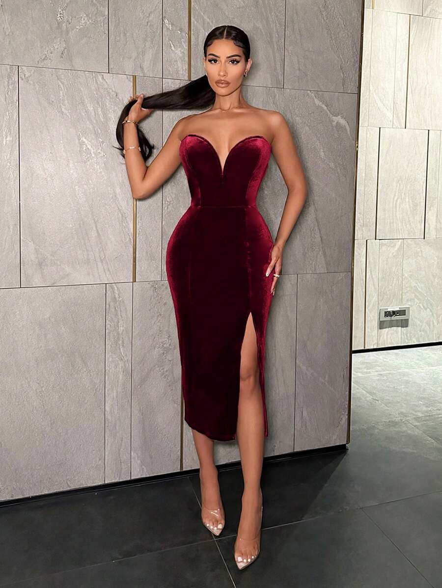 SHEIN SXY 女士純色高開叉抹胸連身裙 - 酒紅色 - 查看 1