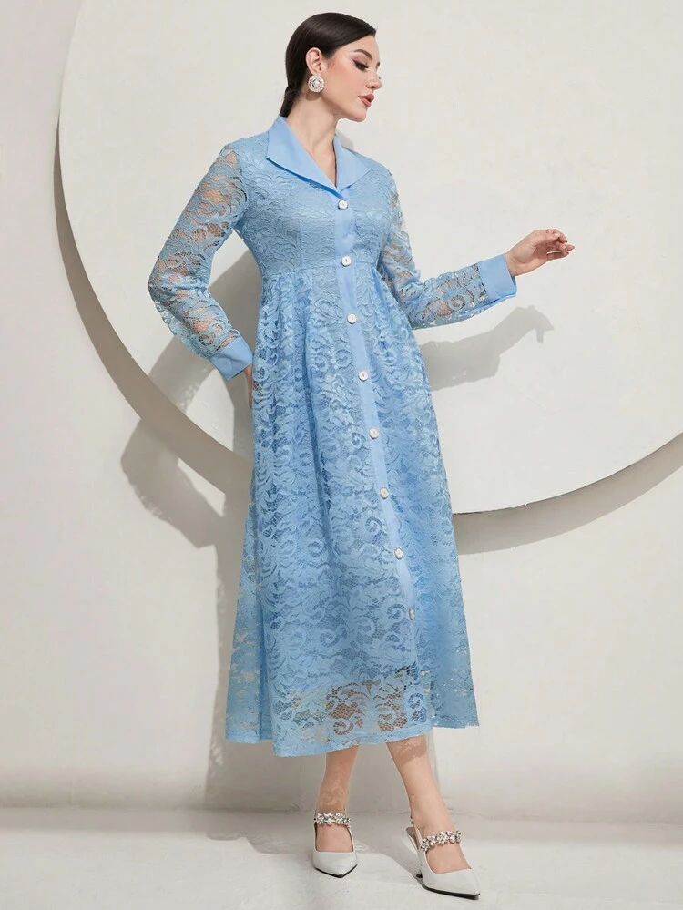 Women'S Long Sleeve Lace Shirt Dress