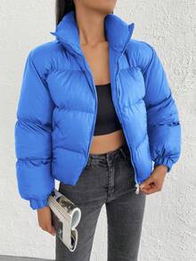 SHEIN Cottnline Zip Up Funnel Neck Puffer Coat - Blue - View 4