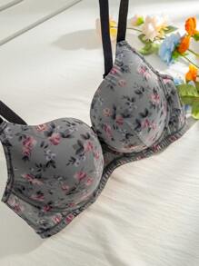 Plus Size Women's Floral Embroidery Bra With Bow Knot, Lingerie