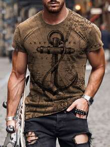 男士夏季锚印花圆领休闲 T 恤 - 卡其色 - 查看 1