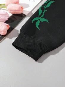 INAWLY 女士玫瑰印花短版圓領運動衫 - 黑色 - 查看 3