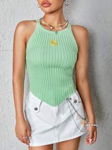 SHEIN EZwear Women's Floral Embroidered Knitted Top - Mint Green - View 1