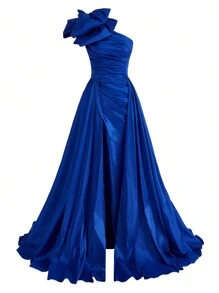 SHEIN Belle Exaggerated Bowknot Decorated One Shoulder Evening Party Dress - Blue - View 2
