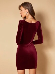 SHEIN BAE 女士方領褶皺長袖連衣裙 - 酒紅色 - 查看 2