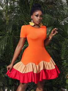 Slaydiva Vacation Date High Stretch Round Neck Music Festival Elegant Casual Short Sleeve Resort Style Multi-Color Color Block Pleated Design Stitching Slim Women's Dress