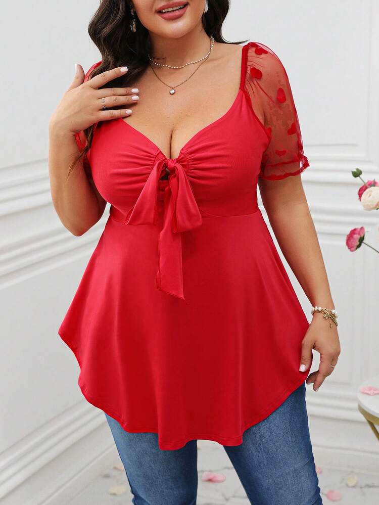 Plus Size Heart Mesh Insert Shirred Hem Raglan Sleeve Tie Front Top
