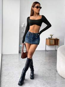 SHEIN PETITE Super Cropped Long Sleeve Knitted Top - Black - View 4