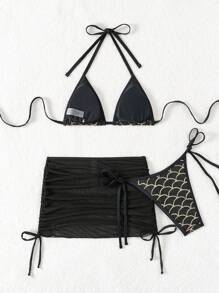 SHEIN Swim 女士美人鱼鳞片印花挂脖式比基尼套装夏季海滩 - 黑色 - 查看 6