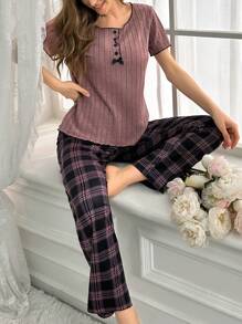 Women's Short Sleeve Ribbed Top And Capri Pants Pajama Set - Dusty Pink - View 6