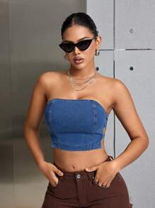 SHEIN SXY 性感空心牛仔無肩帶上衣 - 深色水洗藍 - 查看 1