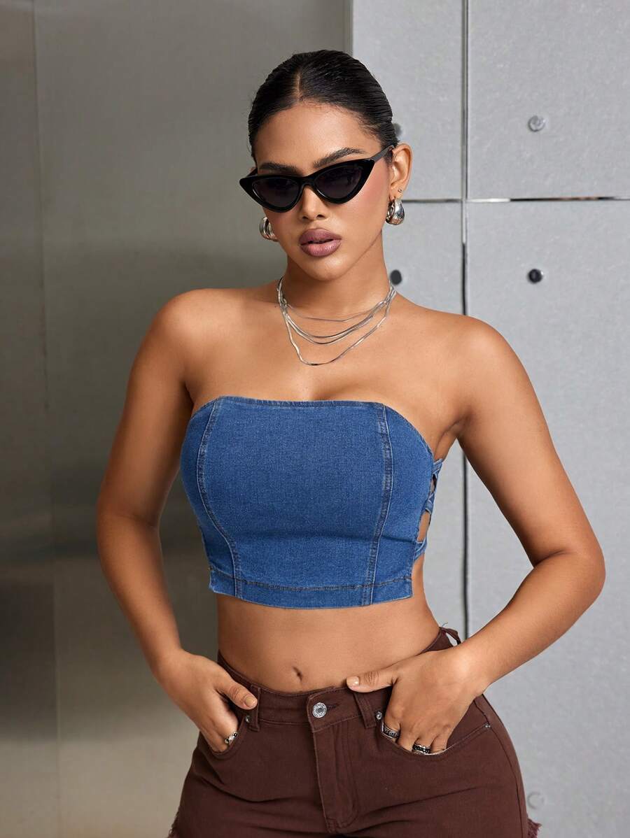 SHEIN SXY 性感空心牛仔無肩帶上衣 - 深色水洗藍 - 查看 1