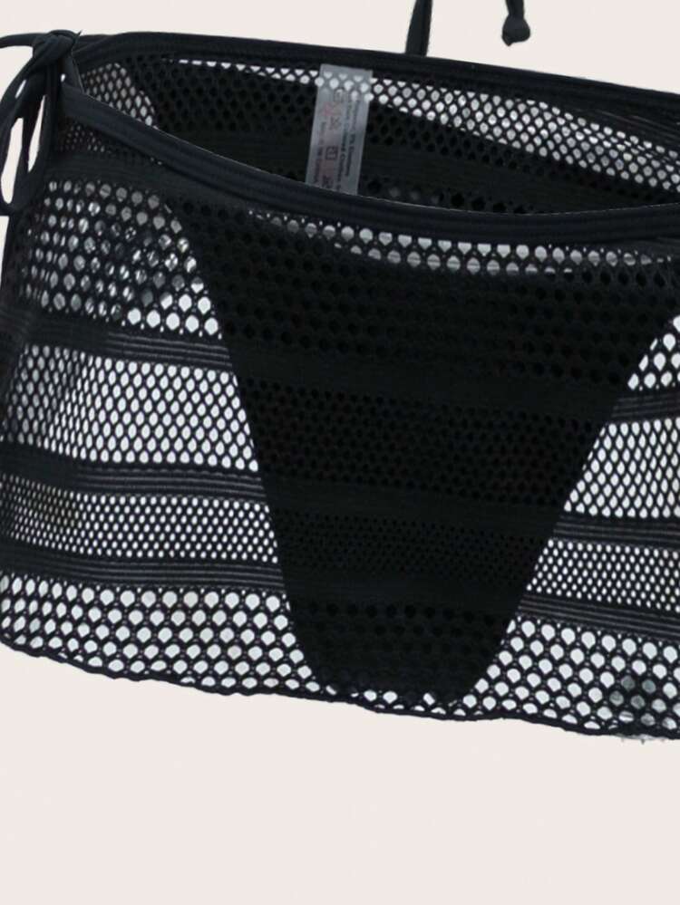 Solid Triangle Cup Knotted Side Bikini Set And Mesh Cover Up Skirt For Bikini Music Festival Summer Beach