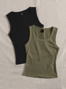 SHEIN EZwear Two-Piece Set Women's Round Neck Sleeveless Top - Army Green - View 6