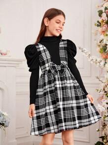 SHEIN Tween Girls' Knit Solid Color High Neck Leg-Of-Mutton Sleeve Sweater With Plaid 2 In 1 Dress - Black and White - View 3