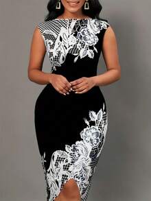 SHEIN Clasi 顏色拼接花卉拼布側開衩貼身連身裙 - 黑色 - 查看 4