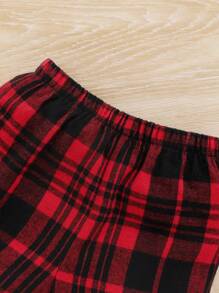 SHEIN Unisex Baby Fun Battery Pattern T-Shirt Top And Plaid Shorts Pajama Set, 2pcs - Burgundy - View 4