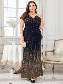 UNITHORSE [随机剪裁] 加大码蝙蝠袖亮片美人鱼礼服黑色优雅正式晚会舞会婚礼宾客礼服，适合毕业典礼、晚宴派对礼服、新娘礼服、生日女士服装 - 藏蓝色 - 查看 2