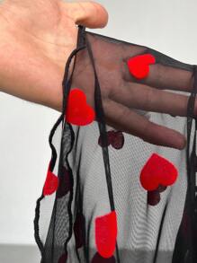 SHEIN EZwear Lễ tình nhân Đỏ  Tim Mô hình Lưới Áo thun Với Choker Đường viền cổ áo , Eo Xếp Chi tiết & Thon gọn - màu đen - Xem 7