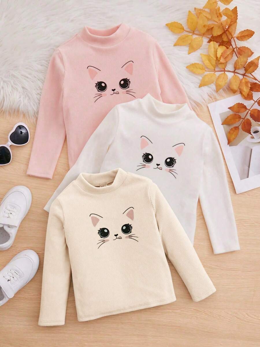 SHEIN 年輕女孩3入組貓咪印花彈力絨面t恤 - 杏色 - 查看 1