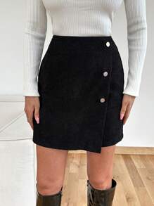 EURMUSE Button Decorated Wrapped Skirt - Black - View 2