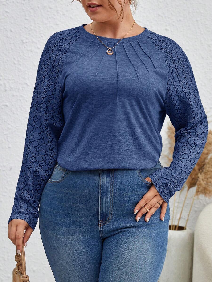 SHEIN Frenchy 大尺碼女士蕾絲拼接短袖圓領球衣 - 藍色 - 查看 1