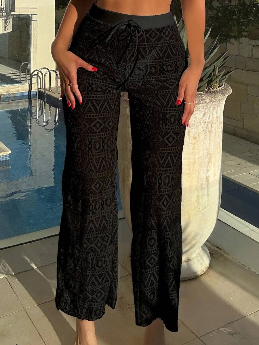 Bonvoyette Pantalones Tipo Pareo Con Cuello Chal Y Estampado Geométrico Para Mujer - Negro - Ver 1